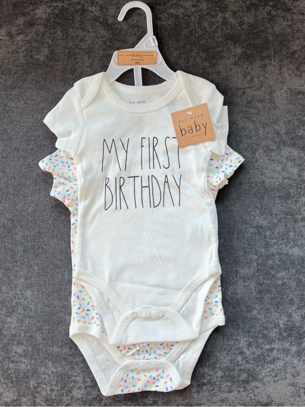NWT Rae Dunn 'My First Birthday' Onesie 2 Pack Size 12 Months